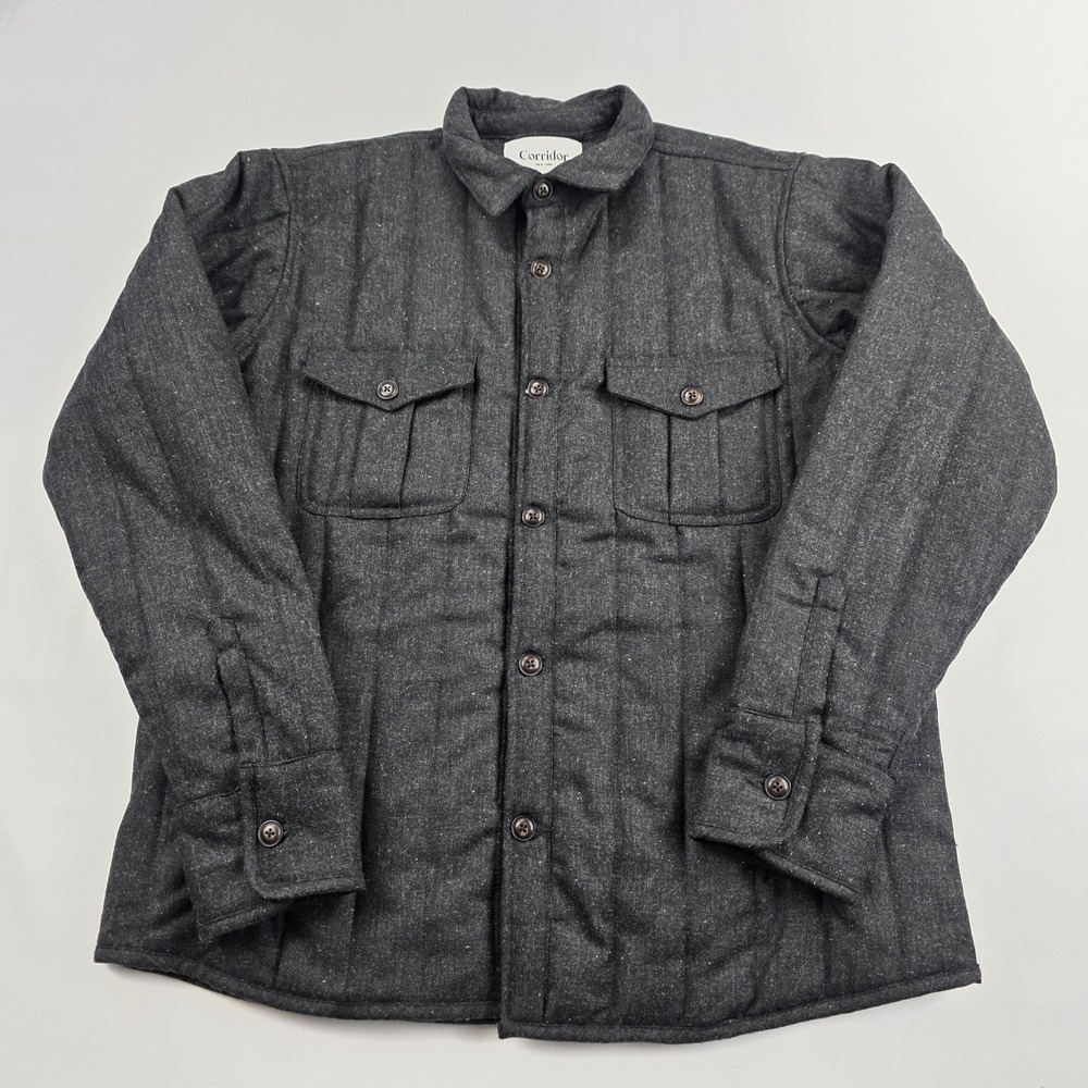 Corridor Shirt Jacket Mens Large Gray Wool Tweed Quilted Padded Button Front